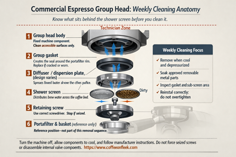 Exploded-view diagram of a generic commercial espresso machine group head showing the group head body, rubber group gasket, diffuser or dispersion plate, shower screen, retaining screw, and ghosted portafilter below. Labels explain which removable components to soak and inspect during weekly cleaning.