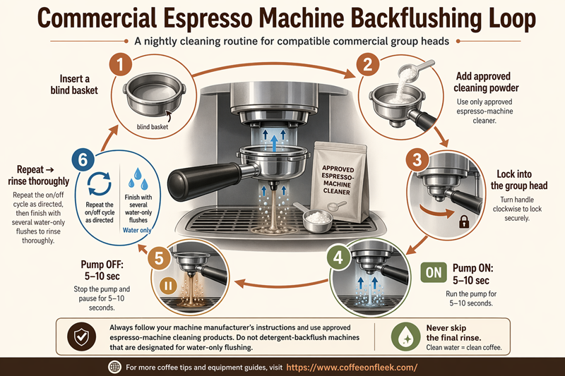 Illustrated six-step loop showing how to detergent-backflush a compatible commercial espresso machine: insert a blind basket, add approved cleaning powder, lock in the portafilter, run the pump for 5–10 seconds, stop for 5–10 seconds, repeat the cycle, then complete several water-only rinses. 