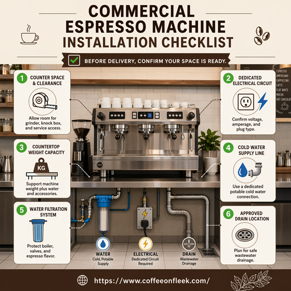 Commercial espresso machine installation checklist showing counter space, electrical circuit, cold water line, filtration, and drain requirements