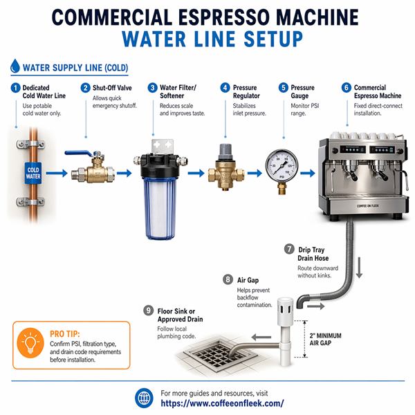 Diagram of commercial espresso machine plumbing setup showing cold water line, shut-off valve, water filter, pressure regulator, pressure gauge, espresso machine, and drain line.