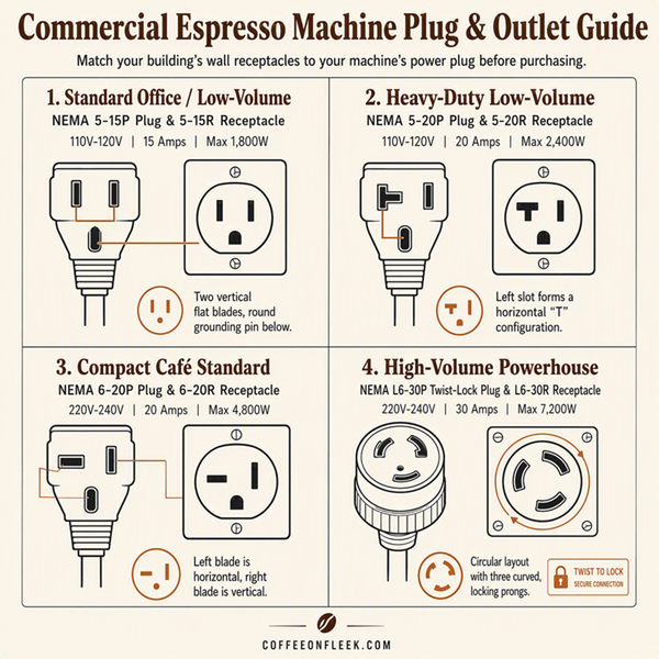 NEMA plug configuration matrix for 110V and 220V commercial espresso machines