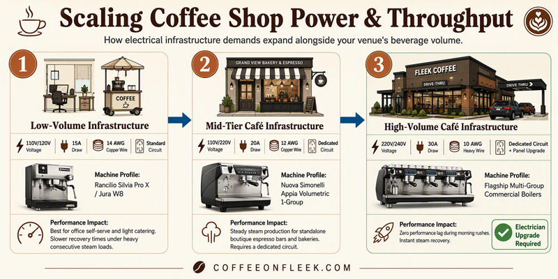Commercial espresso machine electrical capacity and wire gauge escalator infographic